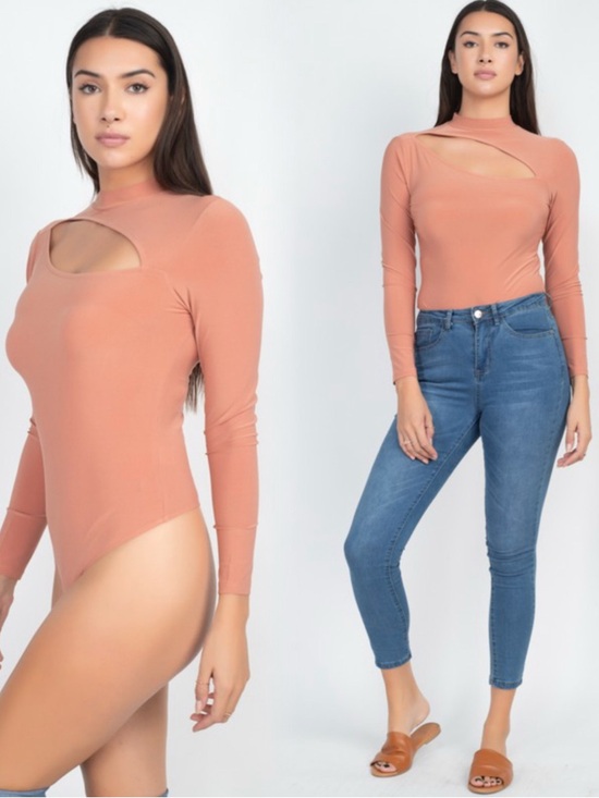 Iris Basic Tops - IRIS/HAUTE MONDE Long Sleeve Cutout Bodysuit - Dusty Rose